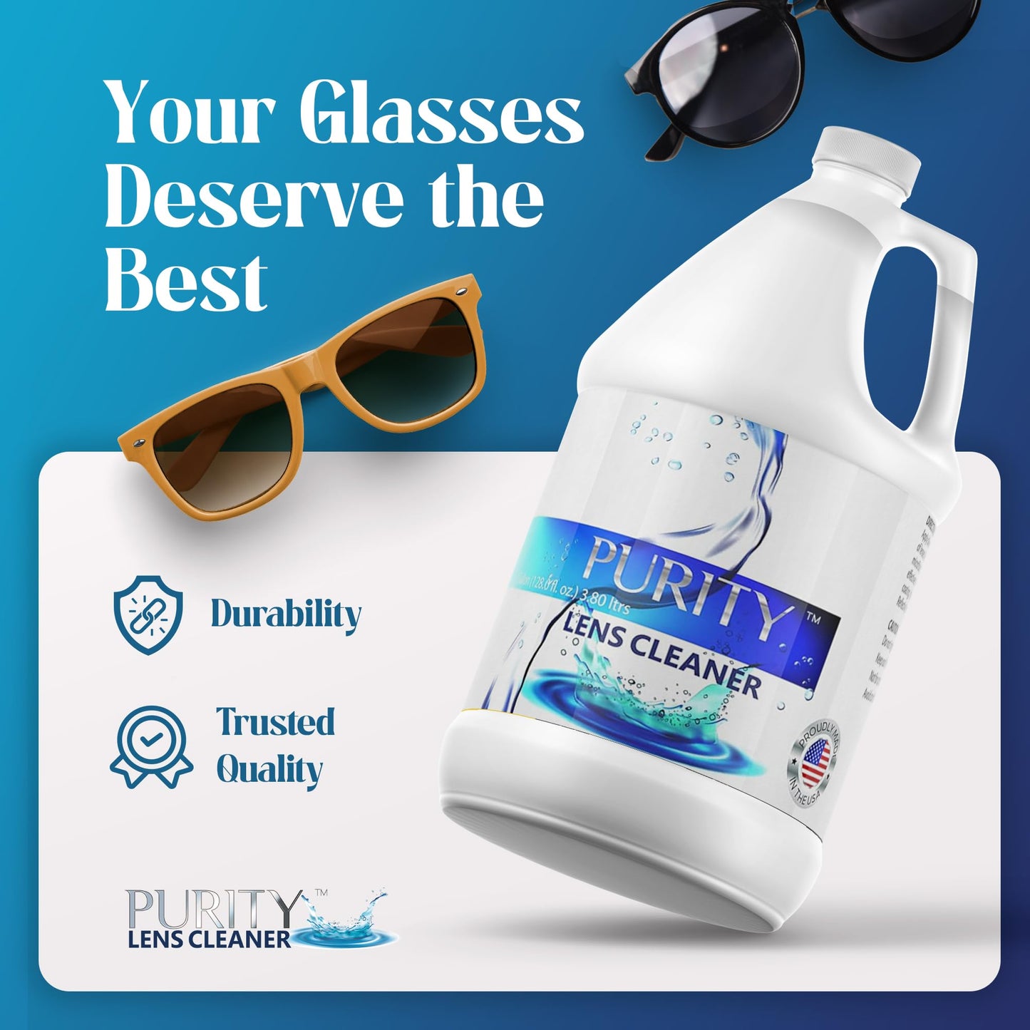 Purity Eye Glasses Lens Cleaner - 1gal Refill | Safe for All Lenses, AR Coated Included | Made in USA
