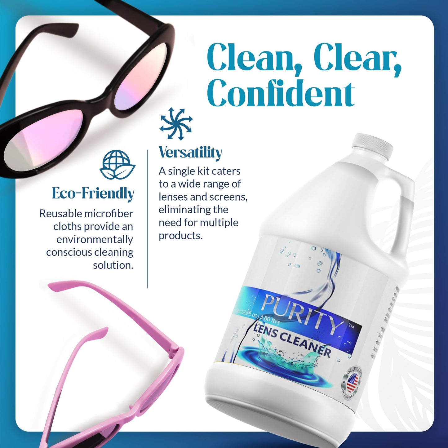 Purity Eye Glasses Lens Cleaner - 1gal Refill | Safe for All Lenses, AR Coated Included | Made in USA