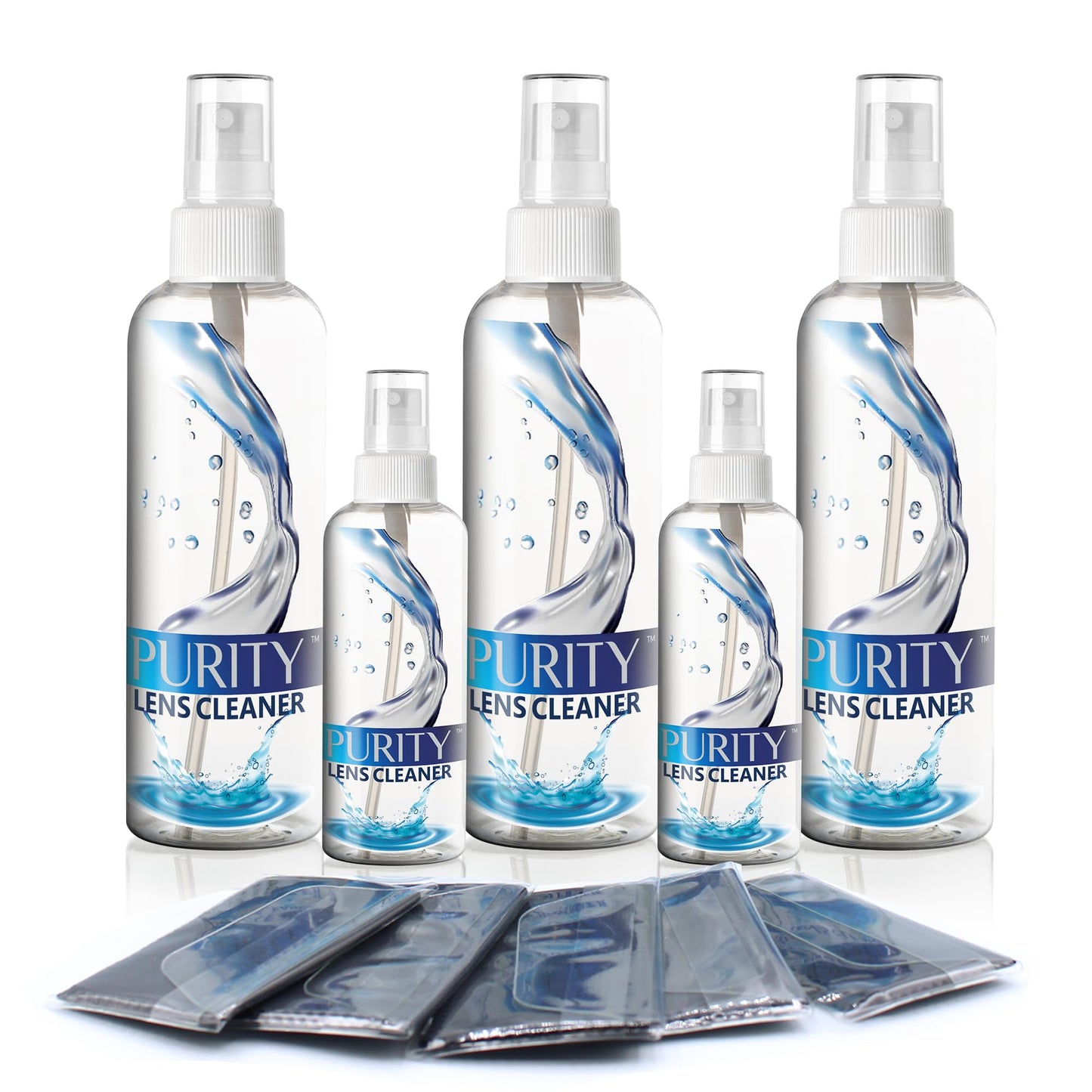 Purity Eyeglass Cleaner Mega Pack - Multi-Size Kit (2x2oz + 3x8oz) + 5 Cloths