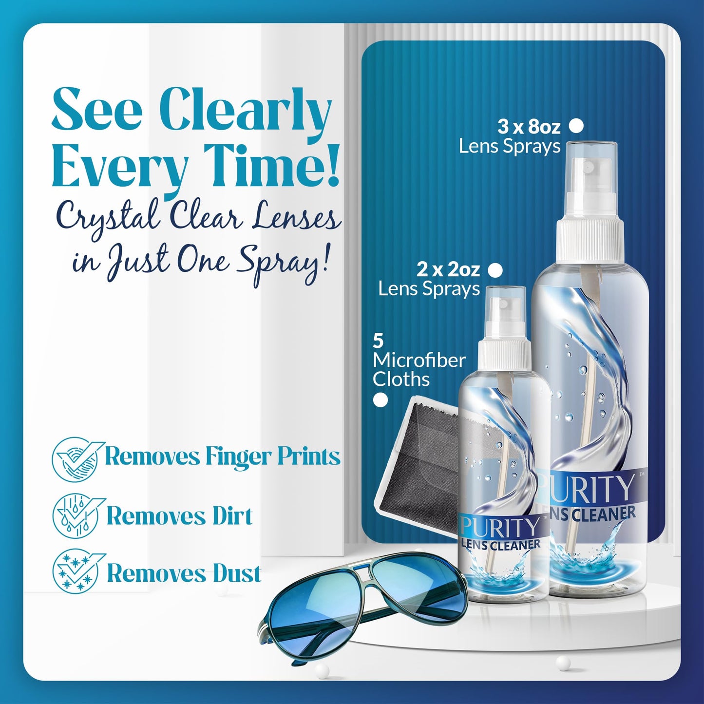 Purity Eyeglass Cleaner Mega Pack - Multi-Size Kit (2x2oz + 3x8oz) + 5 Cloths