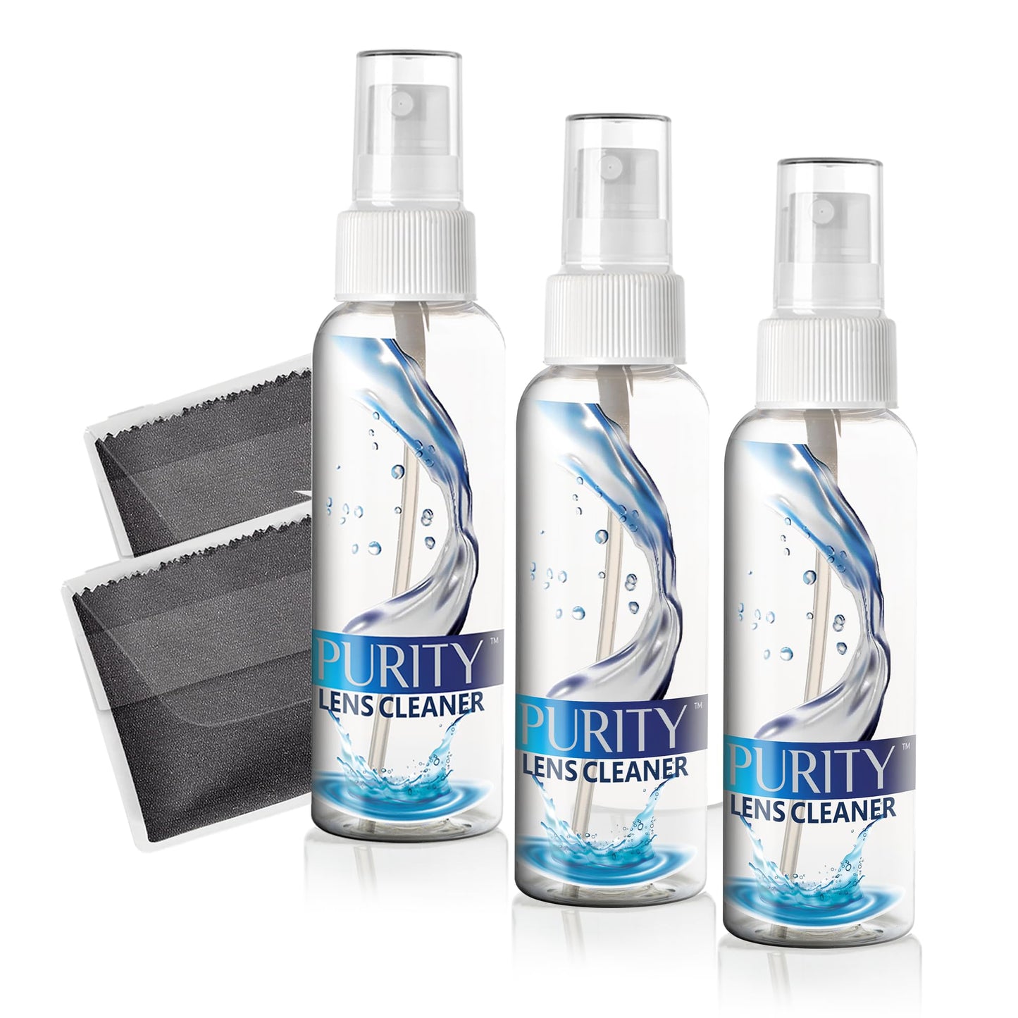 Purity Eyeglass Lens Cleaner Kit – 3 x 1oz Travel Bottles + 2 Microfiber Cloths | Safe for All Lenses