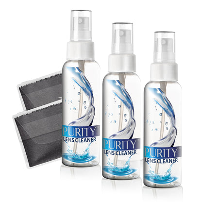 Purity Eyeglass Lens Cleaner Kit – 3 x 1oz Travel Bottles + 2 Microfiber Cloths | Safe for All Lenses