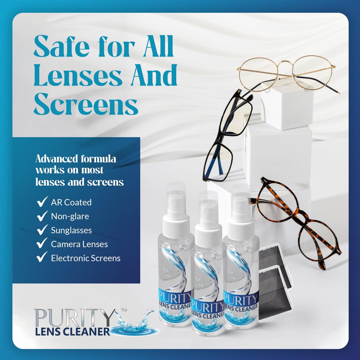Purity Eyeglass Lens Cleaner Kit – 3 x 1oz Travel Bottles + 2 Microfiber Cloths | Safe for All Lenses