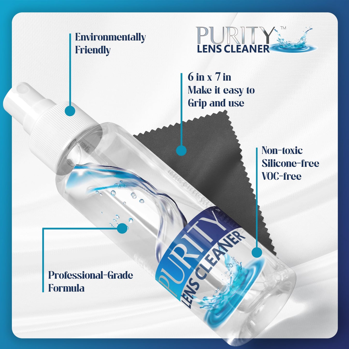 Purity Eyeglass Lens Cleaner Kit – 3 x 1oz Travel Bottles + 2 Microfiber Cloths | Safe for All Lenses