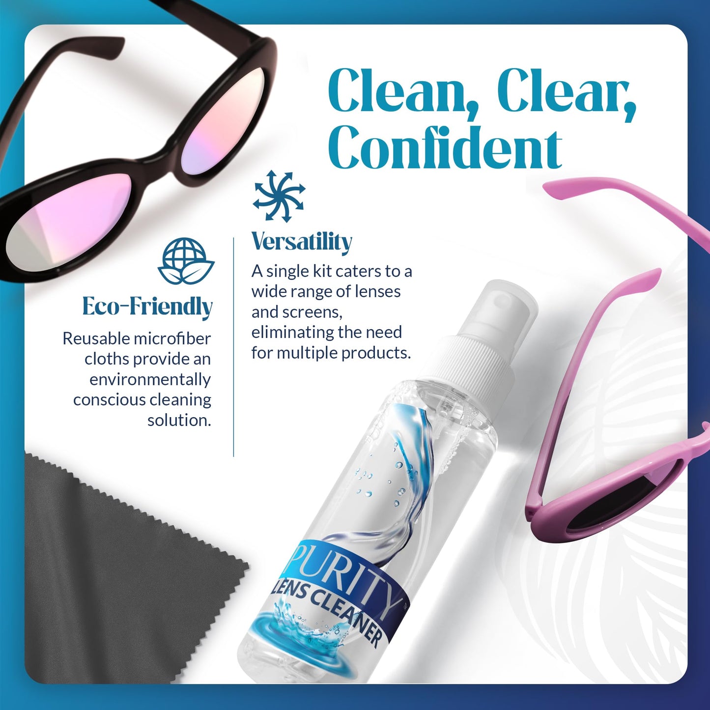 Purity Eyeglass Lens Cleaner Kit – 3 x 1oz Travel Bottles + 2 Microfiber Cloths | Safe for All Lenses