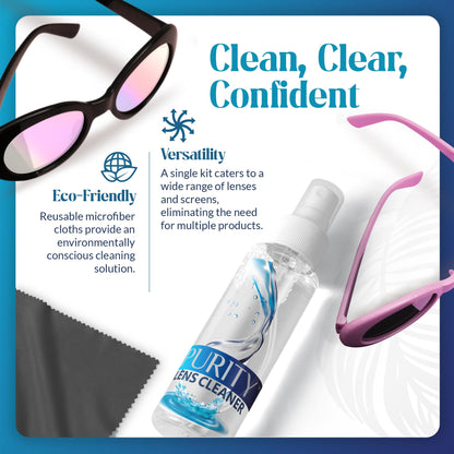 Purity Eyeglass Lens Cleaner Kit – 3 x 1oz Travel Bottles + 2 Microfiber Cloths | Safe for All Lenses