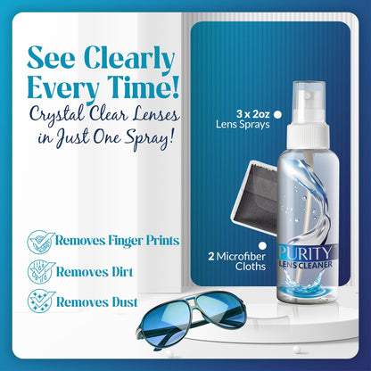 Purity Eyeglass Lens Cleaner Kit – 3 Travel-Size 2oz Bottles + 2 Microfiber Cloths | Safe for All Lenses & AR Coated