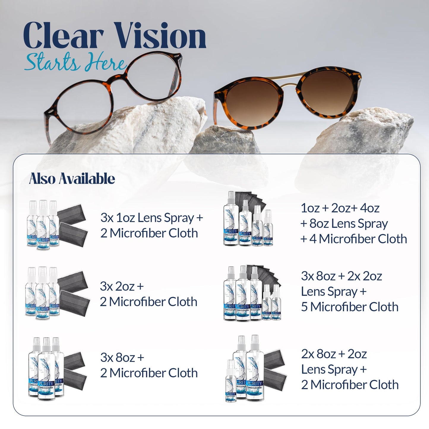 Purity Eyeglass Lens Cleaner Kit – 3 Travel-Size 2oz Bottles + 2 Microfiber Cloths | Safe for All Lenses & AR Coated