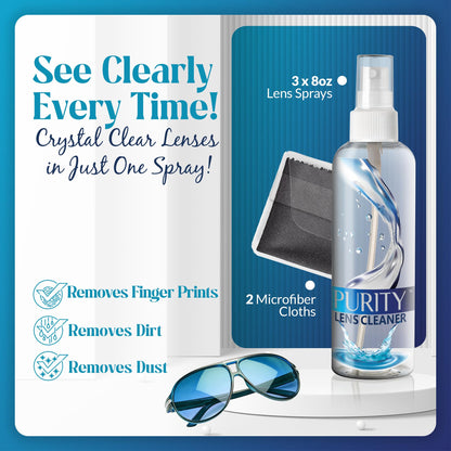 Purity Eyeglass Lens Cleaner Spray Kit – 3 x 8oz Bottles + 2 Microfiber Cloths (AR Coated)