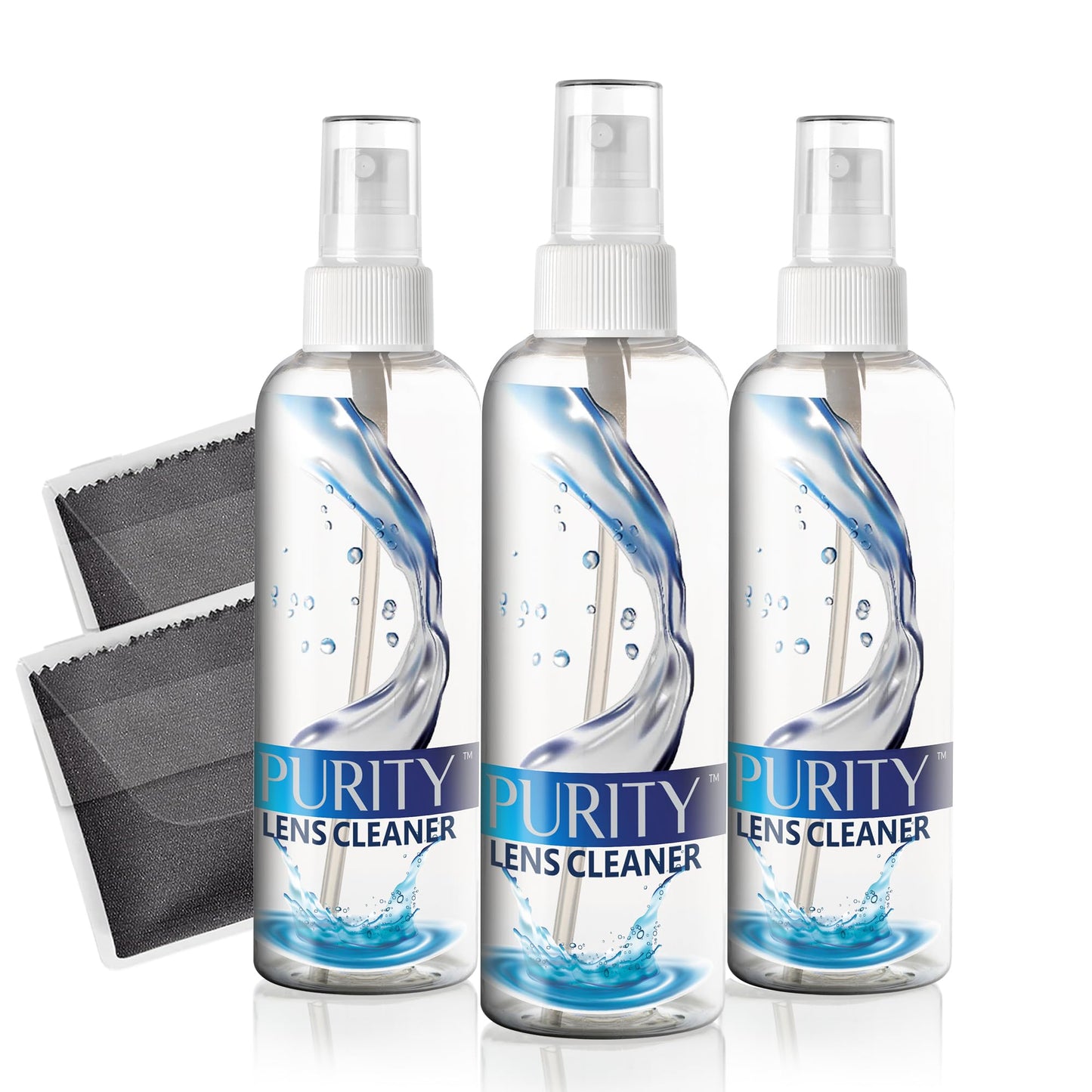 Purity Eyeglass Lens Cleaner Spray Kit – 3 x 8oz Bottles + 2 Microfiber Cloths (AR Coated)