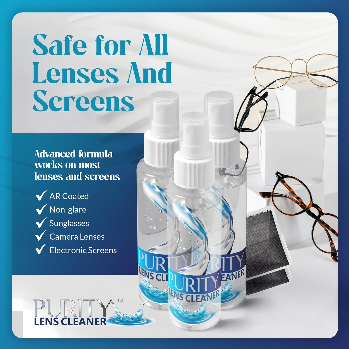 Purity Eyeglass Lens Cleaner Spray Kit – 3 x 8oz Bottles + 2 Microfiber Cloths (AR Coated)