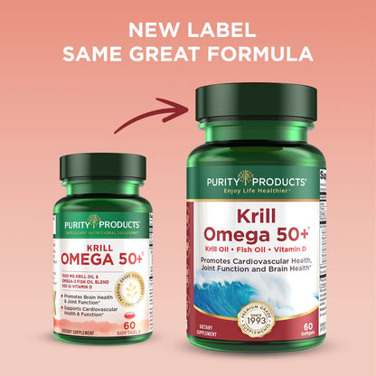 Purity Krill Omega 50 – Krill & Fish Oil Blend, Astaxanthin, Phospholipids, Vitamin D 500 IU | 60 Mini Softgels