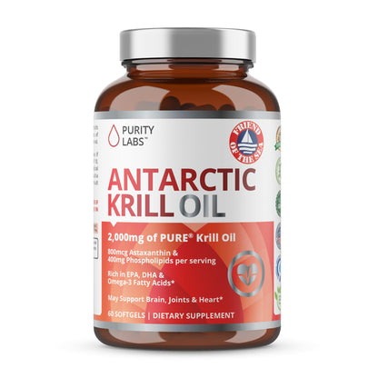 Purity Labs Antarctic Krill Oil 2000mg + Astaxanthin – Omega-3 (EPA/DHA) 60 Softgels