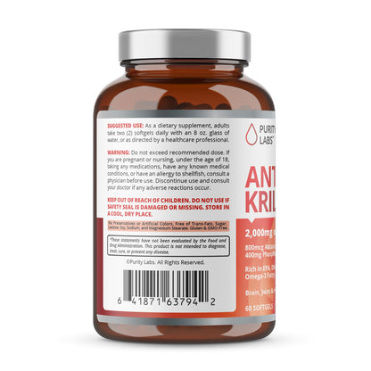 Purity Labs Antarctic Krill Oil 2000mg + Astaxanthin – Omega-3 (EPA/DHA) 60 Softgels