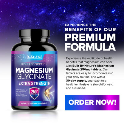 Magnesium Glycinate 250mg - High Absorption Chelated Magnesium Supplement for Stress, Sleep, Heart & Muscle Health - 100% Pure, Non-GMO, Vegan, Gluten-Free (60 Tablets)