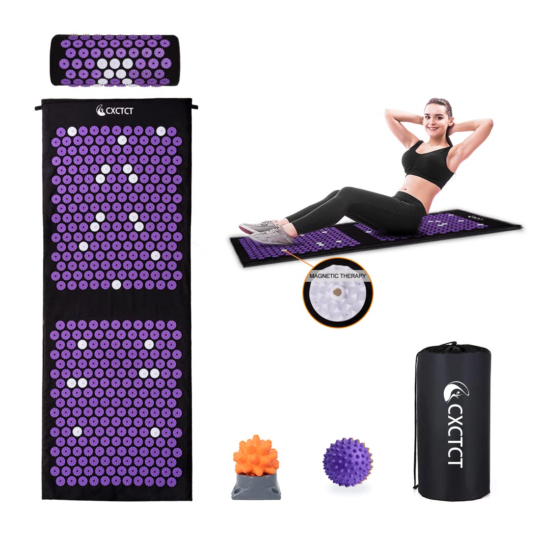 Purple Yoga Massage Mat Set - Extra Long Acupressure Magnetic Mat & Pillow