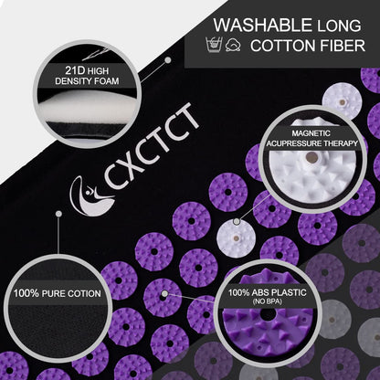 Purple Yoga Massage Mat Set - Extra Long Acupressure Magnetic Mat & Pillow