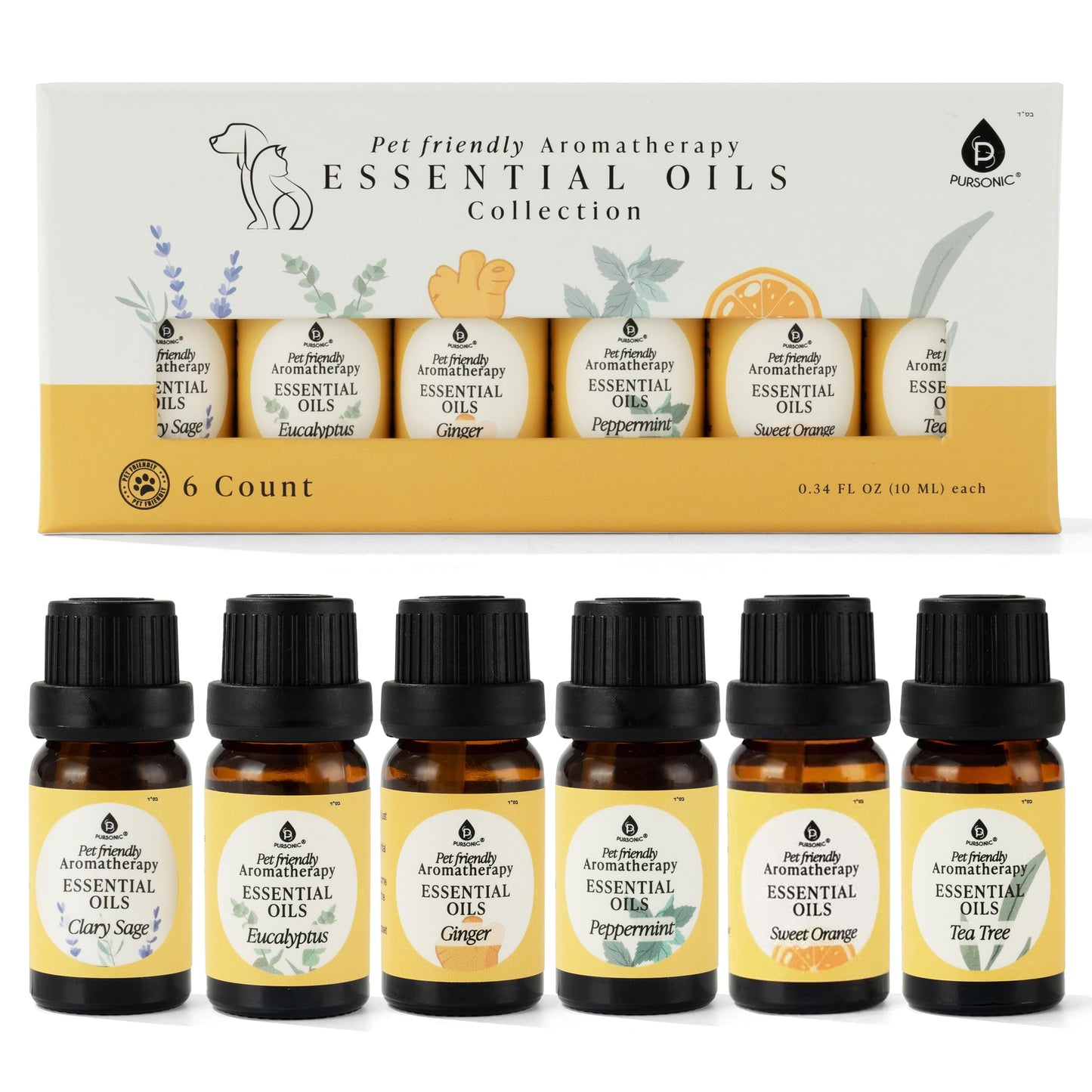 Pursonic Pet-Safe Aromatherapy Oils — Vet-Approved 6-Piece Set (10 ml each)
