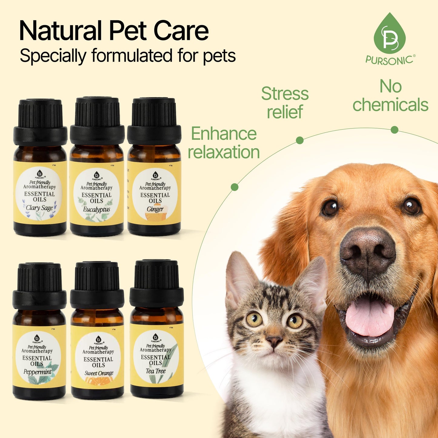 Pursonic Pet-Safe Aromatherapy Oils — Vet-Approved 6-Piece Set (10 ml each)