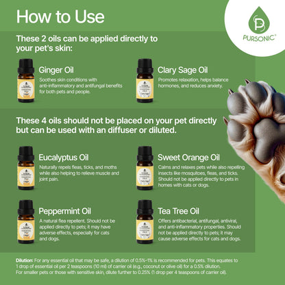 Pursonic Pet-Safe Aromatherapy Oils — Vet-Approved 6-Piece Set (10 ml each)