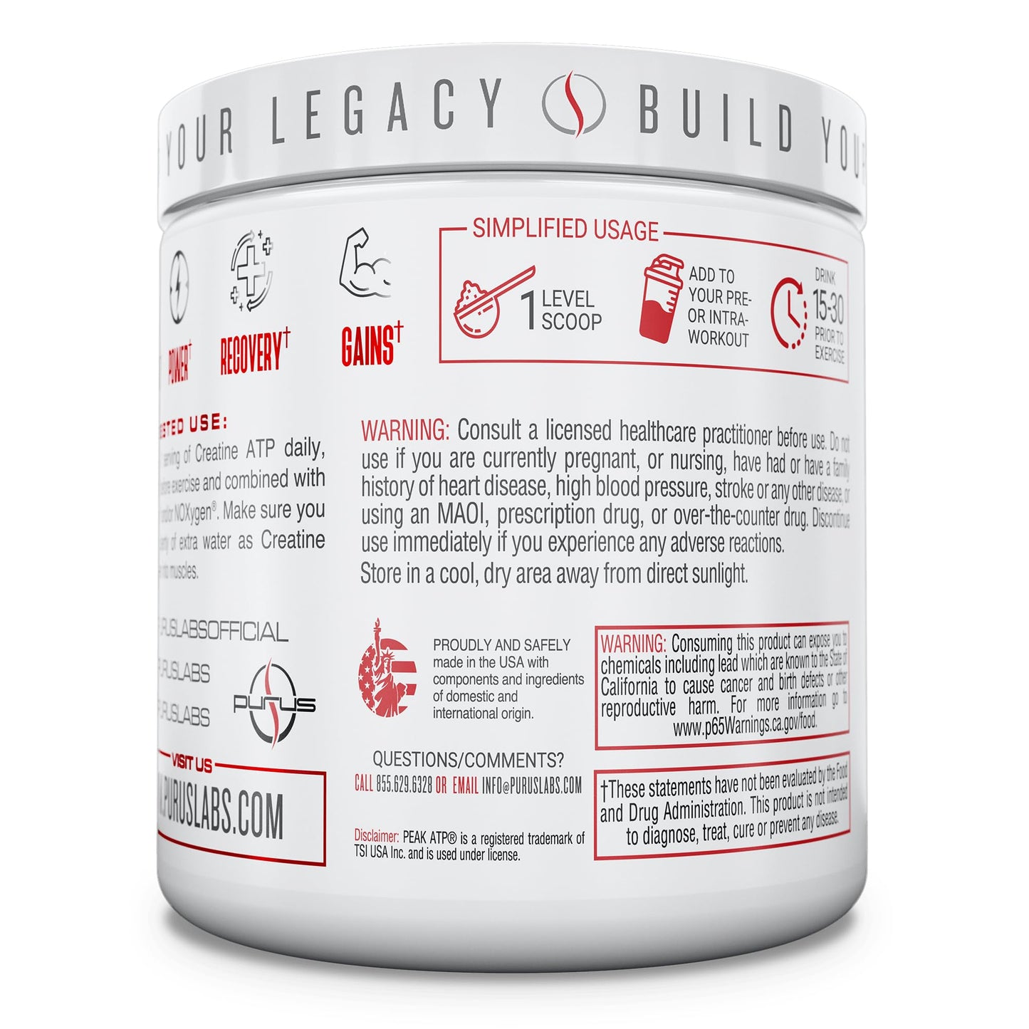 Purus Labs Creatine ATP, Peak ATP + Creatine Monohydrate, Unflavored - 30 Servings - Muscle Activation & Cellular Energy