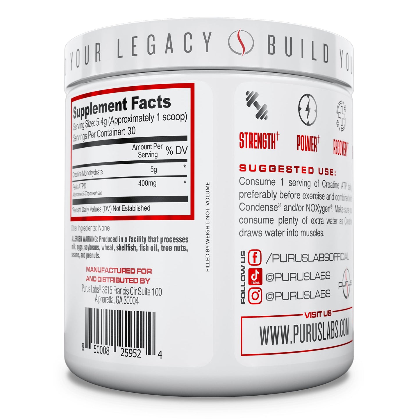 Purus Labs Creatine ATP, Peak ATP + Creatine Monohydrate, Unflavored - 30 Servings - Muscle Activation & Cellular Energy