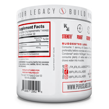Purus Labs Creatine ATP, Peak ATP + Creatine Monohydrate, Unflavored - 30 Servings - Muscle Activation & Cellular Energy