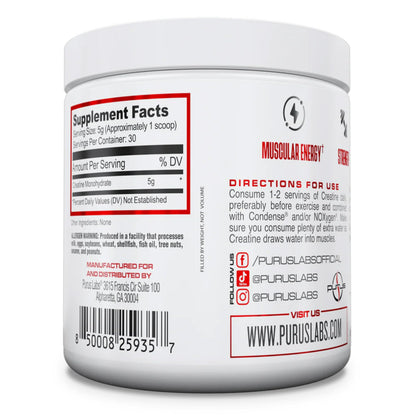 Purus Labs Foundation Series Creatine Powder | 100% Ultra Pure Micronized Creatine Monohydrate | Strength, Mass, Power, Recovery | 30 Servings (Unflavored)