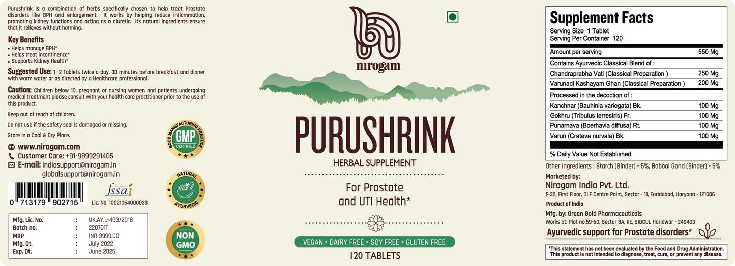 Purushrink Prostate Health for Men | Ayurvedic Urinary & Sleep Support | Nirogam 120 Tablets