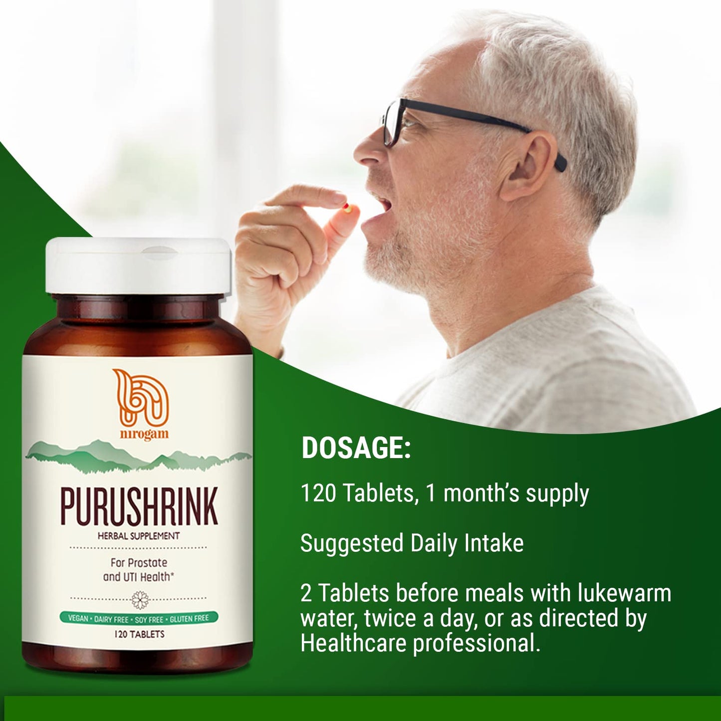 Purushrink Prostate Health for Men | Ayurvedic Urinary & Sleep Support | Nirogam 120 Tablets
