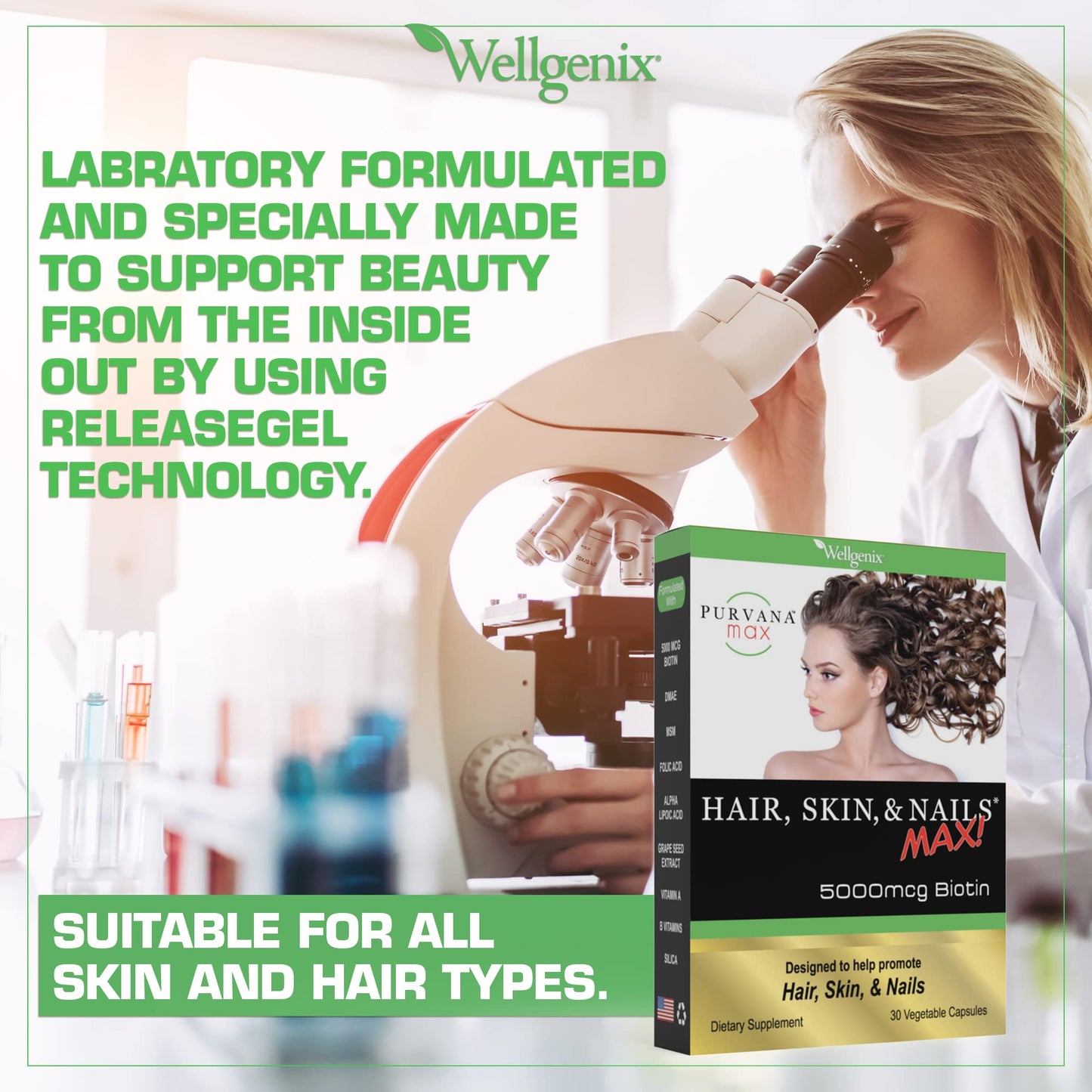 Wellgenix Purvana Max: Hair, Skin & Nails Vitamin | Biotin 5000 MCG