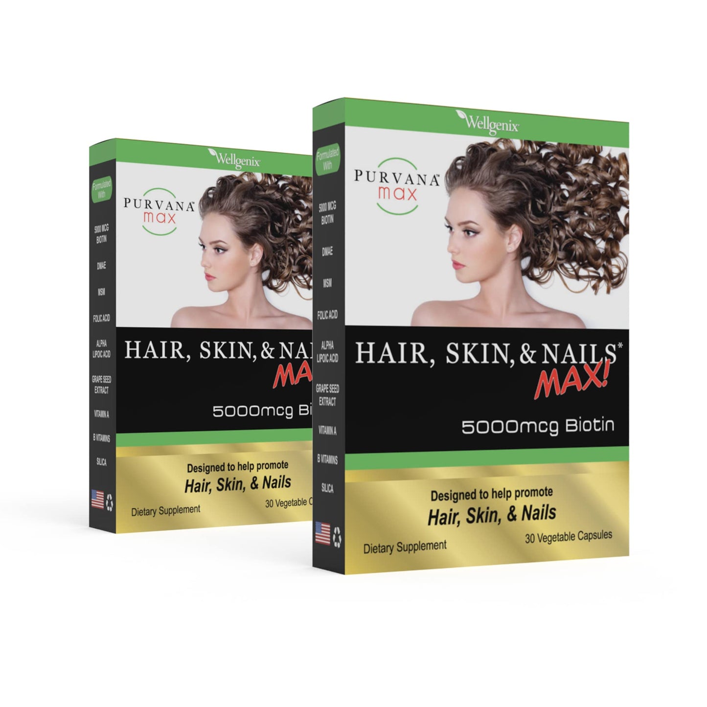 Purvana Max Hair, Skin & Nails Vitamin - 5000mcg Biotin, Vegan - Pack of 2 (30 Caps Each)