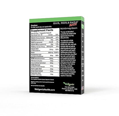 Purvana Max Hair, Skin & Nails Vitamin - 5000mcg Biotin, Vegan - Pack of 2 (30 Caps Each)
