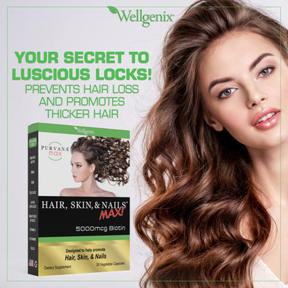 Purvana Max Hair, Skin & Nails Vitamin - 5000mcg Biotin, Vegan - Pack of 2 (30 Caps Each)
