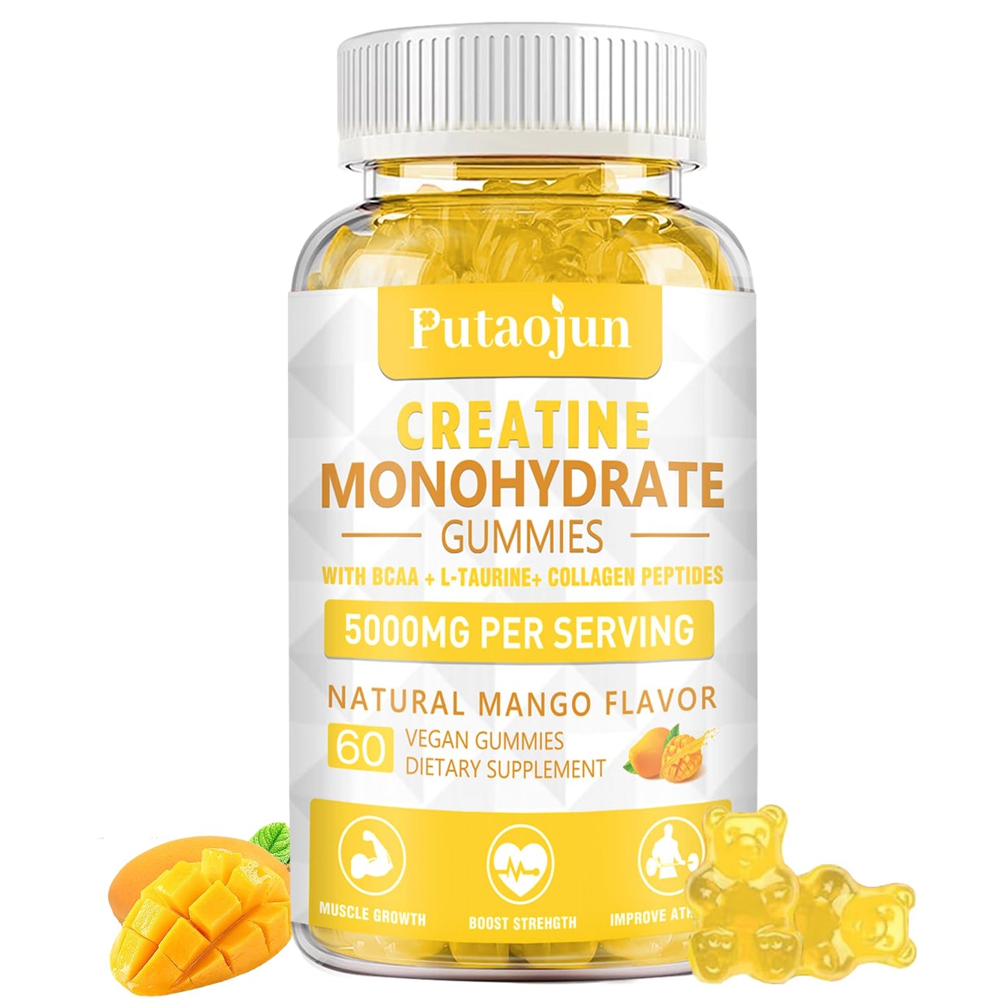 Putaojun Creatine Monohydrate Gummies with Vitamins D3 & B12 – Sugar-Free Hydrolyzed Collagen & Creatine Gummies (60 Count)