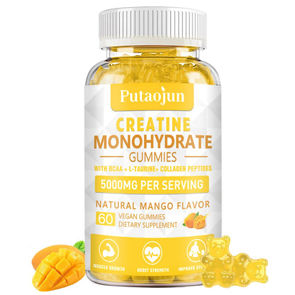 Putaojun Creatine Monohydrate Gummies with Vitamins D3 & B12 – Sugar-Free Hydrolyzed Collagen & Creatine Gummies (60 Count)