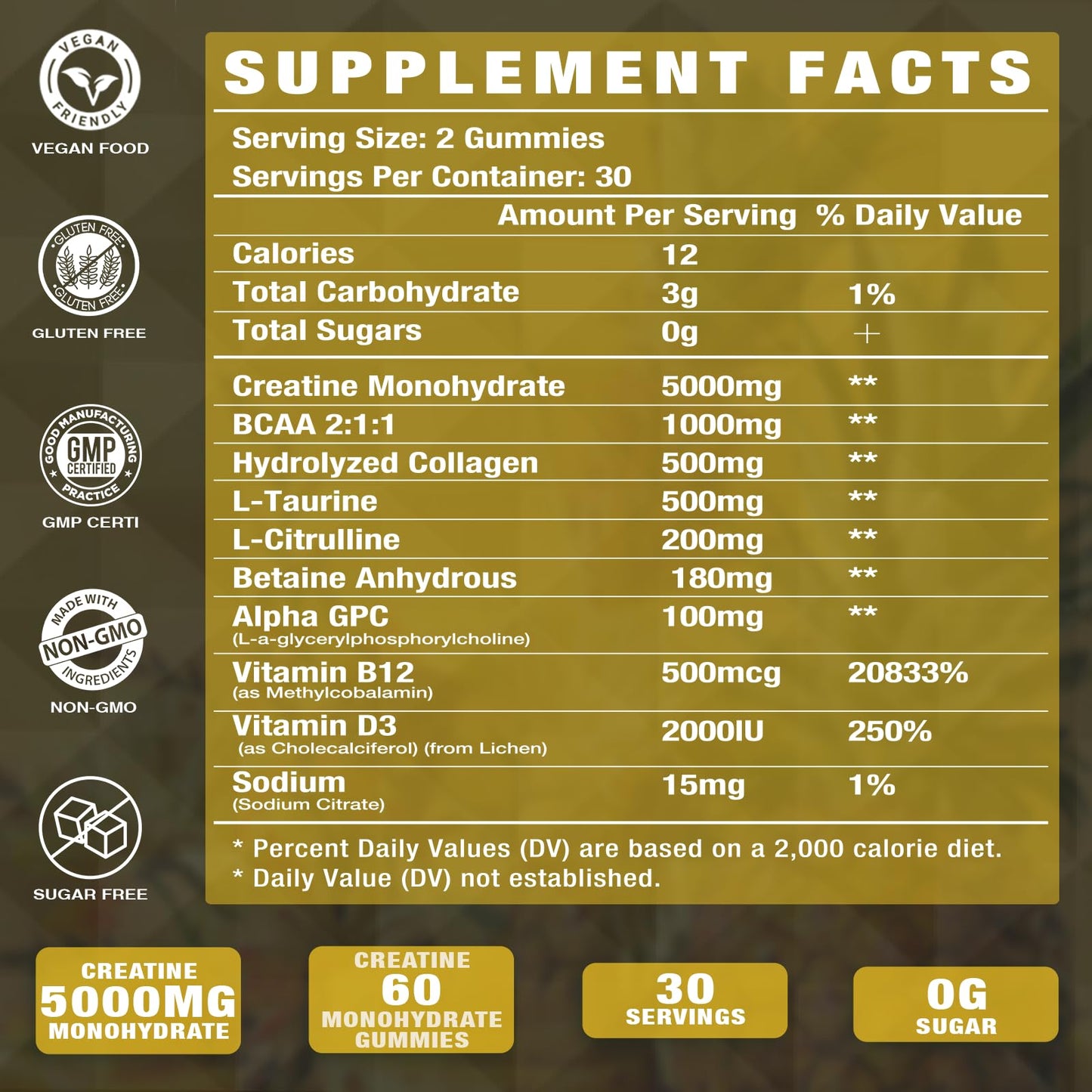 Putaojun Creatine Monohydrate Gummies with Vitamins D3 & B12 – Sugar-Free Hydrolyzed Collagen & Creatine Gummies (60 Count)
