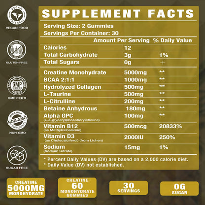 Putaojun Creatine Monohydrate Gummies with Vitamins D3 & B12 – Sugar-Free Hydrolyzed Collagen & Creatine Gummies (60 Count)