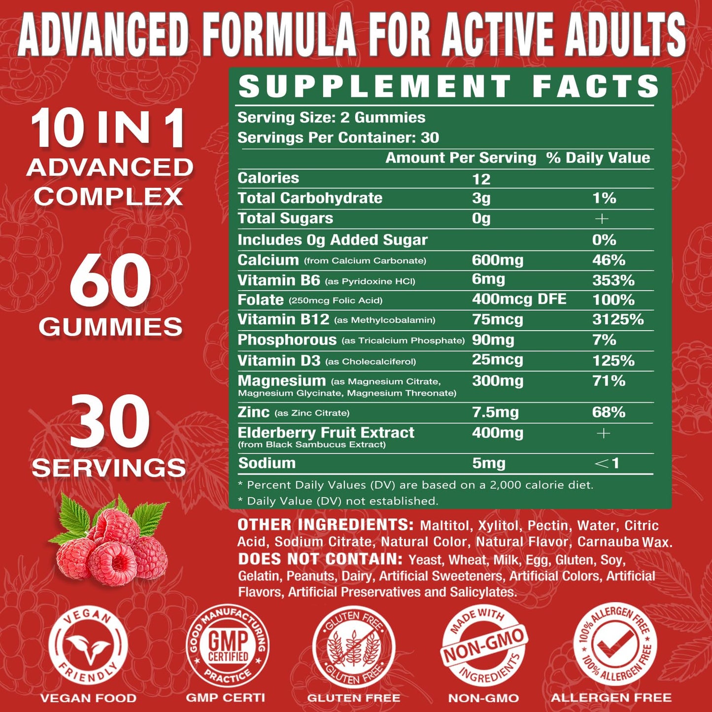 Putaojun Calcium Magnesium Zinc Gummies with Vitamin D3 | Sugar Free, Vegan, Raspberry – 1 Pack
