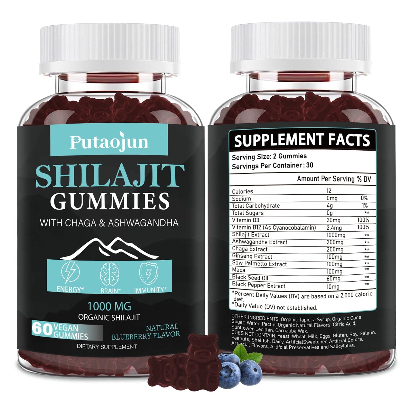 Putaojun Himalayan Gold Shilajit Gummies – 1000mg Shilajit, Ashwagandha, Chaga & Ginseng (For Men, Women & Kids)