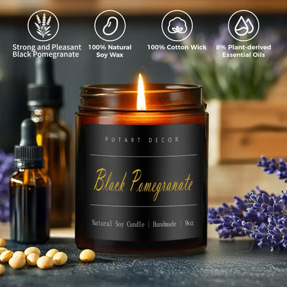 Putart Black Pomegranate Soy Candle – 9oz Amber Jar, Non-Toxic, Long-Lasting Aromatherapy Gift
