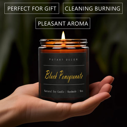 Putart Black Pomegranate Soy Candle – 9oz Amber Jar, Non-Toxic, Long-Lasting Aromatherapy Gift