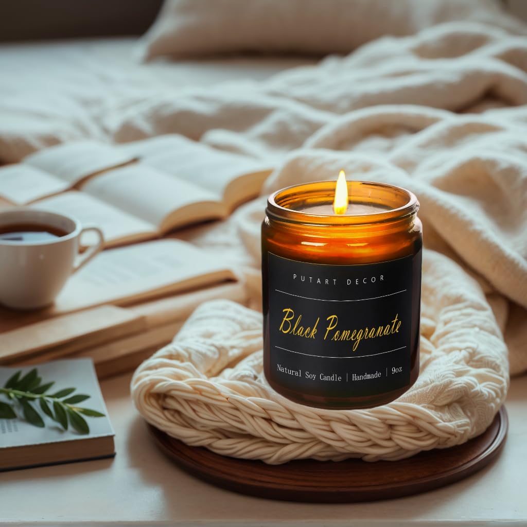 Putart Black Pomegranate Soy Candle – 9oz Amber Jar, Non-Toxic, Long-Lasting Aromatherapy Gift