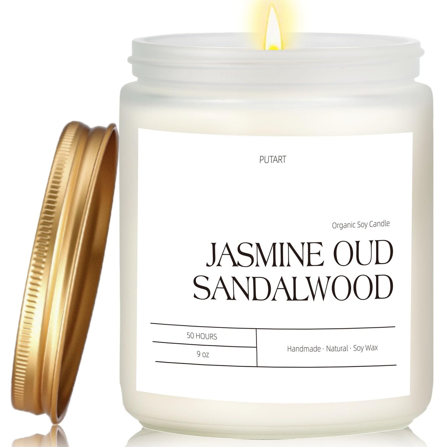 Putart Jasmine, Oud & Sandalwood Scented Candles - Natural Soy Wax, Non-Toxic Aromatherapy Gift (9oz White Glass Jar)