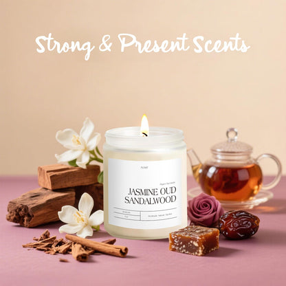 Putart Jasmine, Oud & Sandalwood Scented Candles - Natural Soy Wax, Non-Toxic Aromatherapy Gift (9oz White Glass Jar)