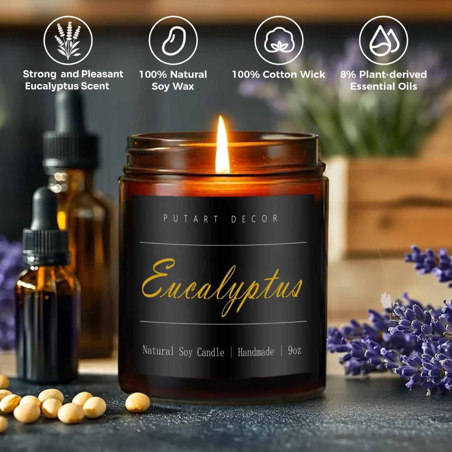 Putart Eucalyptus Mint Soy Candle – Natural, Non-Toxic, Long-Lasting 9oz