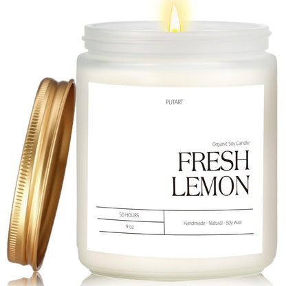 Putart Fresh Lemon 9oz Natural Soy Candle - Aromatherapy, Non-Toxic, White Jar
