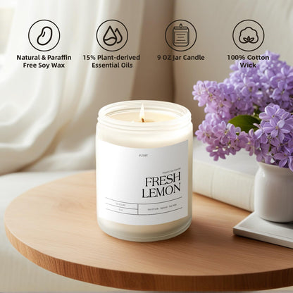 Putart Fresh Lemon 9oz Natural Soy Candle - Aromatherapy, Non-Toxic, White Jar