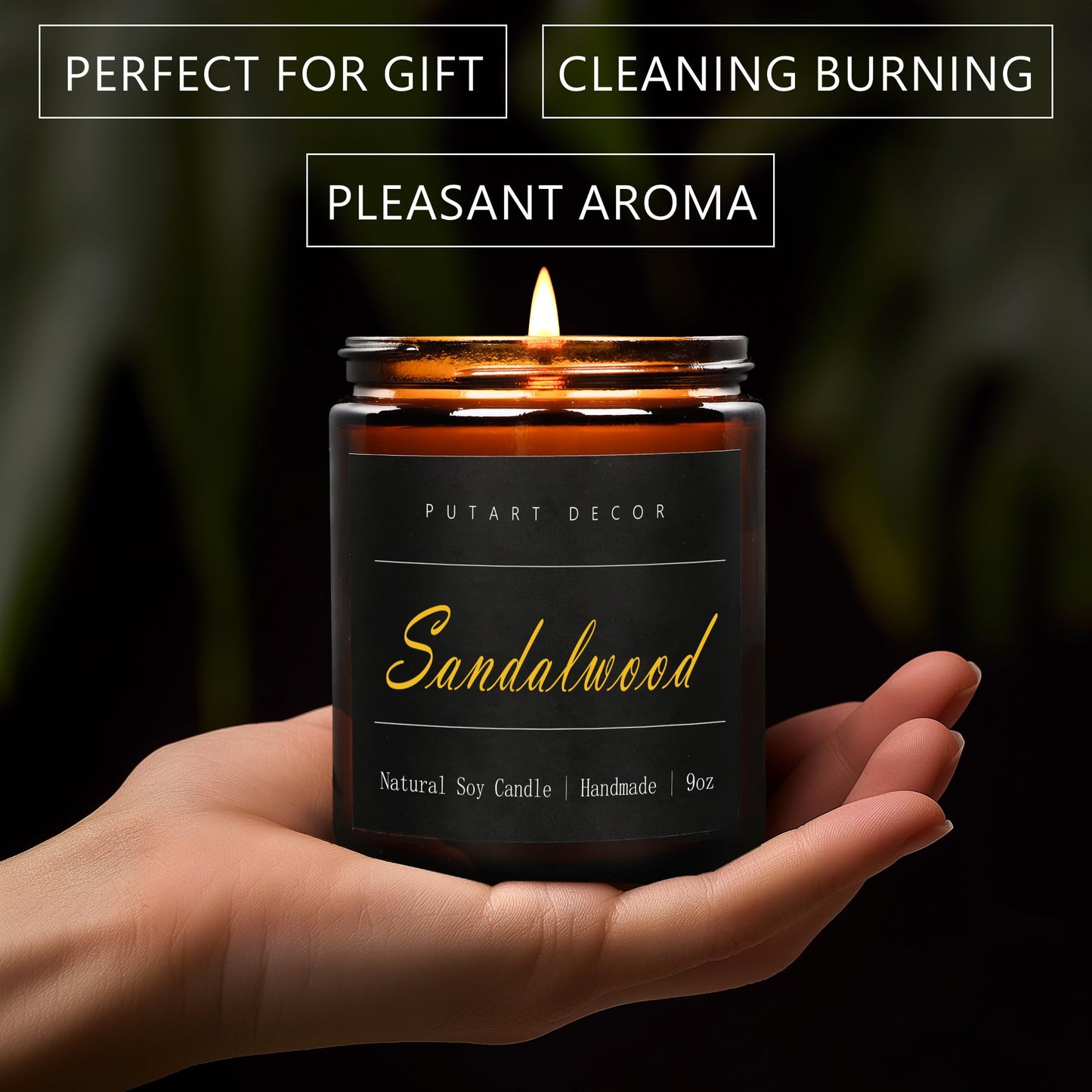 Putart Sandalwood Scented Candles – 9oz Natural Soy Wax Jar Candle