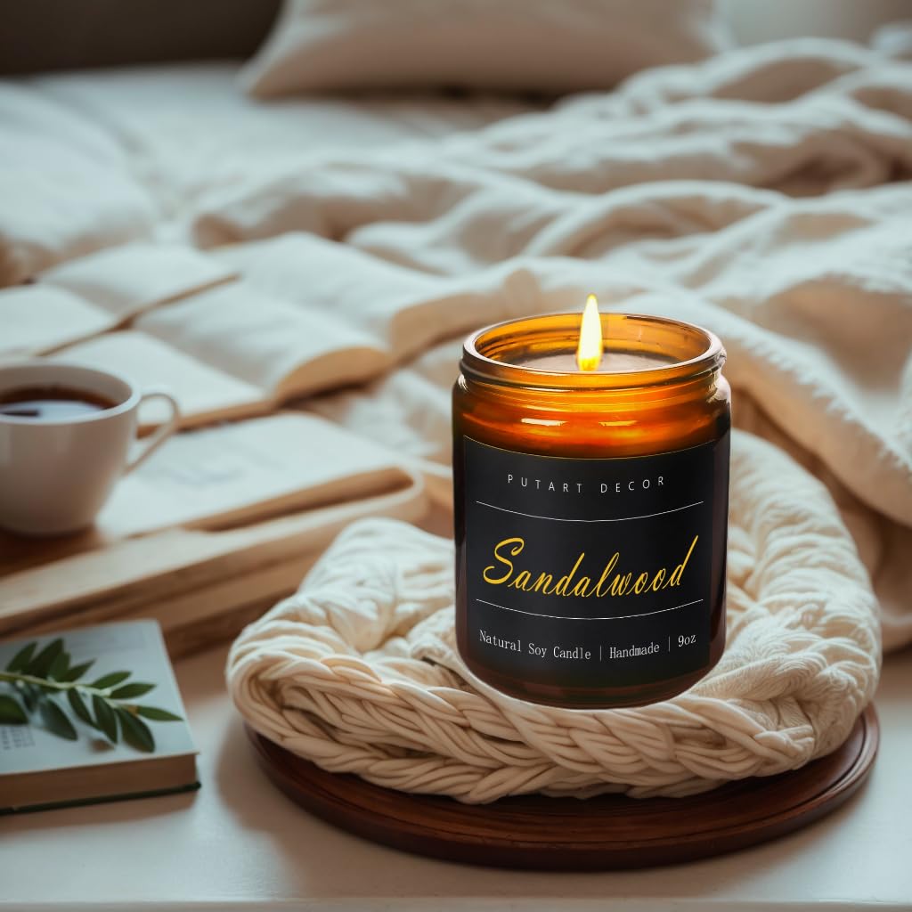 Putart Sandalwood Scented Candles – 9oz Natural Soy Wax Jar Candle